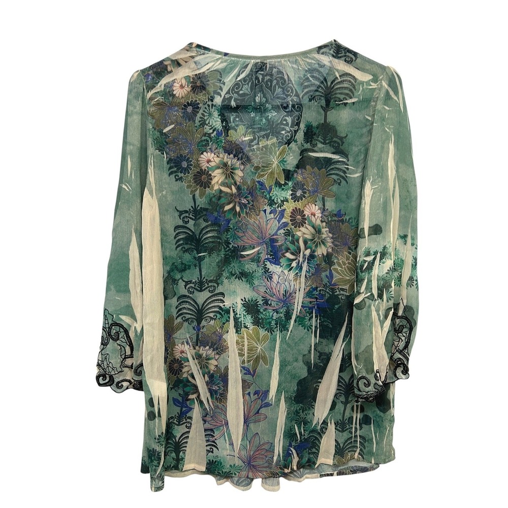 Fairy Sheer Embroidered Lace Floral Top S‎ Green Flowy Chiffon Romantic Boho - Picture 3 of 7